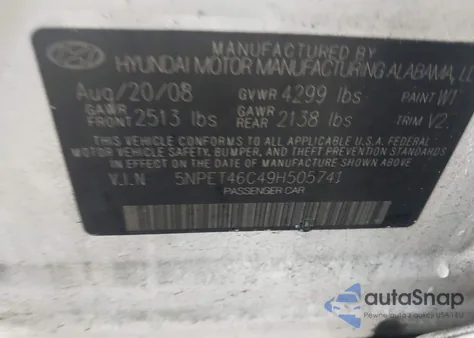 2009 Hyundai Sonata Gls from USA, damaged, VIN 5NPET46C49H505741